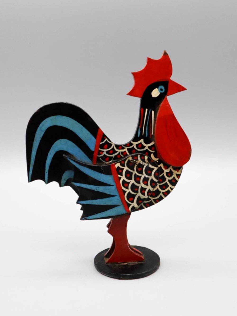 Vtg Hand Painted Colorful Wooden Folk Art Rooster Figurine Farmhouse Decor 7"H